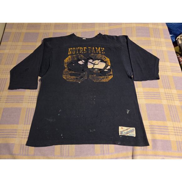 Vintage 80s Notre Dame Football T Shirt Jersey Champion USA Size XL Thrashed 90s - Picture 1 of 16